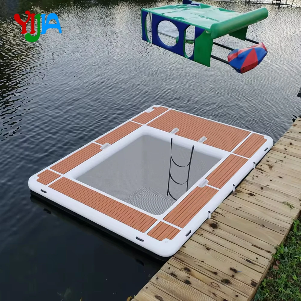 US Stock aufblasbares schwimmendes Schwimmbad, aufblasbare Dock-Schwimmplattform, 13 x 10 Fuß, aufblasbares Meerespool mit Netz für Yacht, Boot
