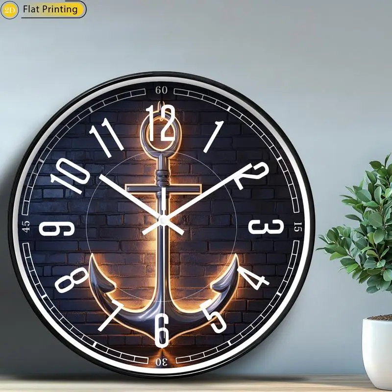 Stille Wanduhr aus Holz, Neonankerlicht, Quarz, runde Analoguhr für Zuhause, Büro, Idee, Urlaubsgeschenke Image