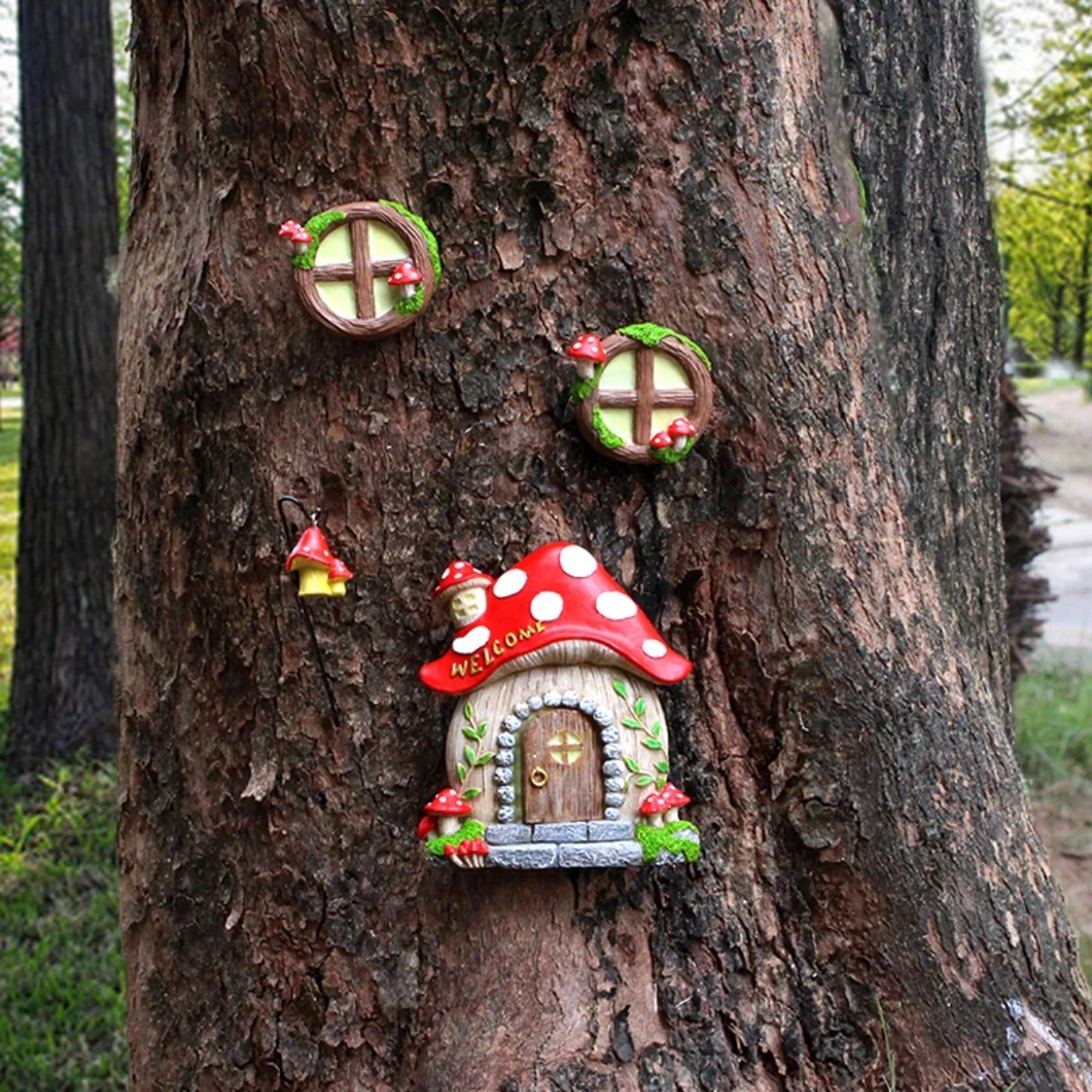4 Stück Pilztür und Fenster Elf Cottage Outdoor Wald Kofferraum Baum Ornamente Hof Garten kreative Anhänger Image