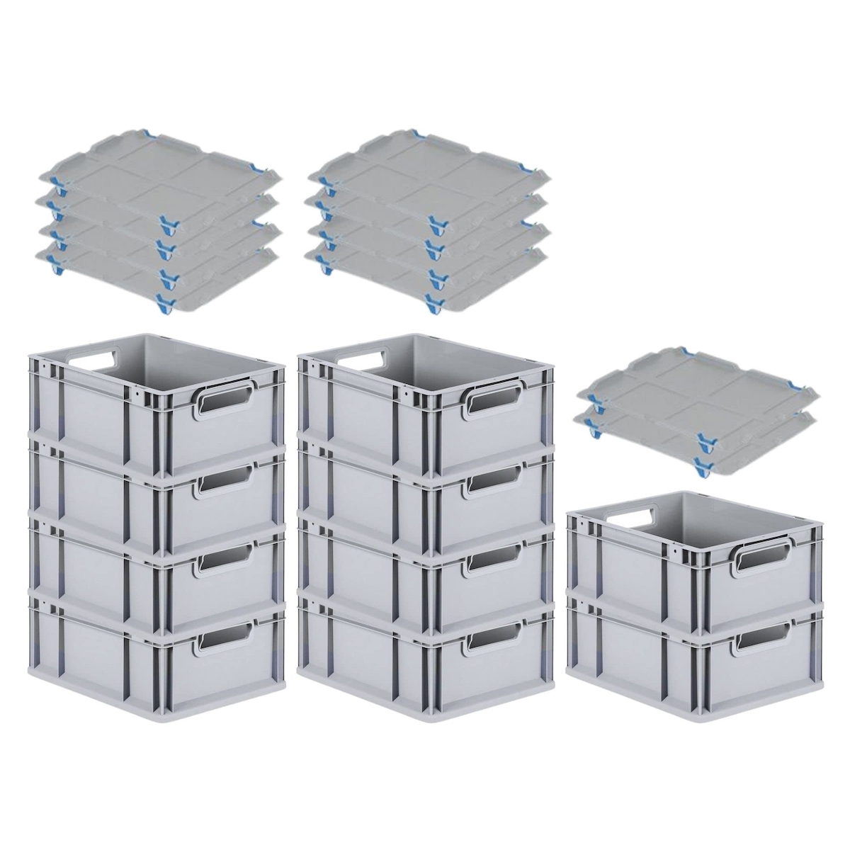PROREGAL SparSet 10x Eurobox NextGen Economy mit Auflagedeckel & 4x Verschlüsse Blau, Griffe offen, HxBxT 17x30x40cm, 16L, Eurobehälter, Box Image