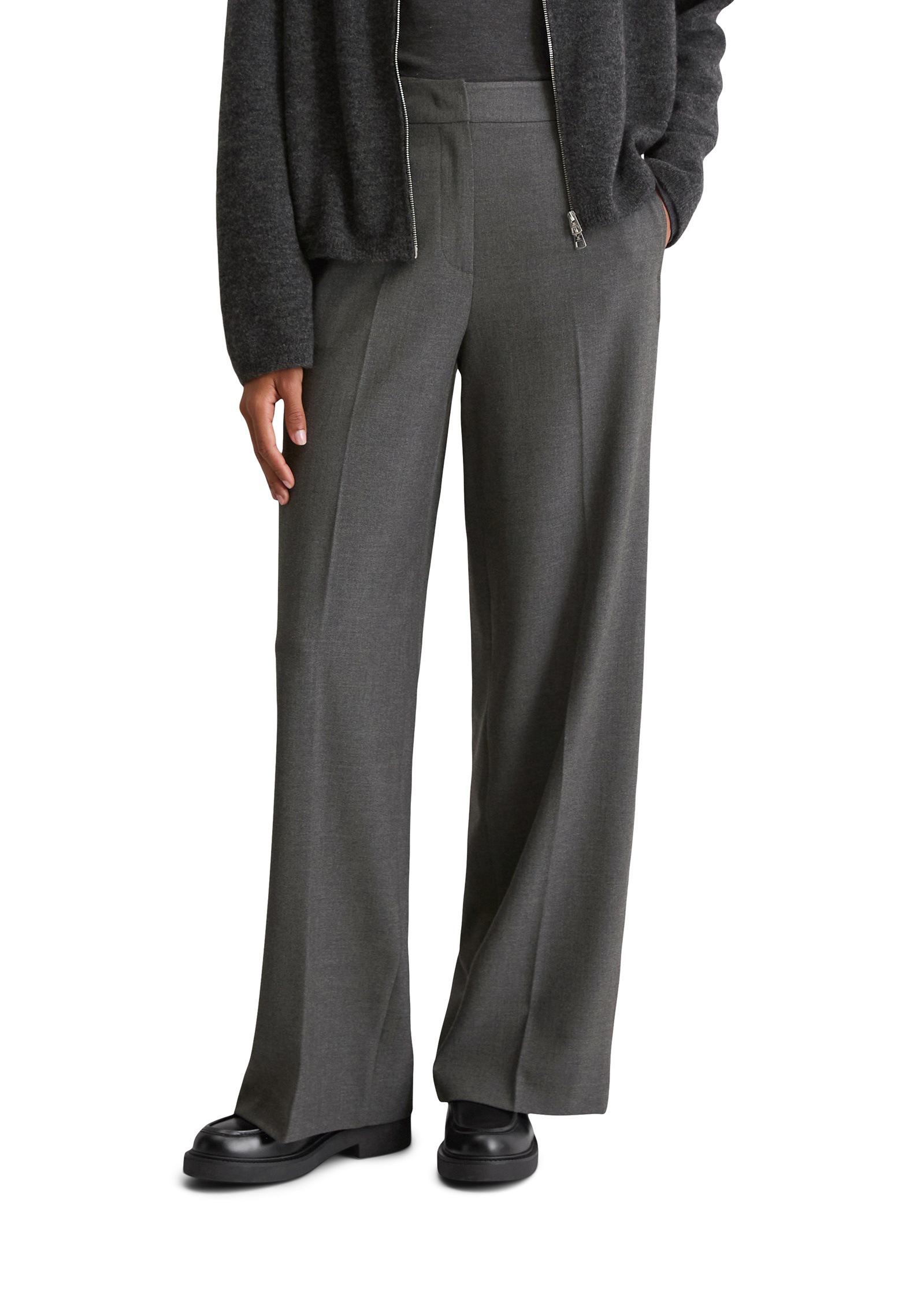 Chinohose MARC O'POLO "aus weichem Flanell", Damen, Gr. 44, Normalgrößen, braun (medium grau), Obermaterial: 63% Polyester, 34% Viskose, 3% Elasthan, unifarben, normal kurz, Hosen Chinohose