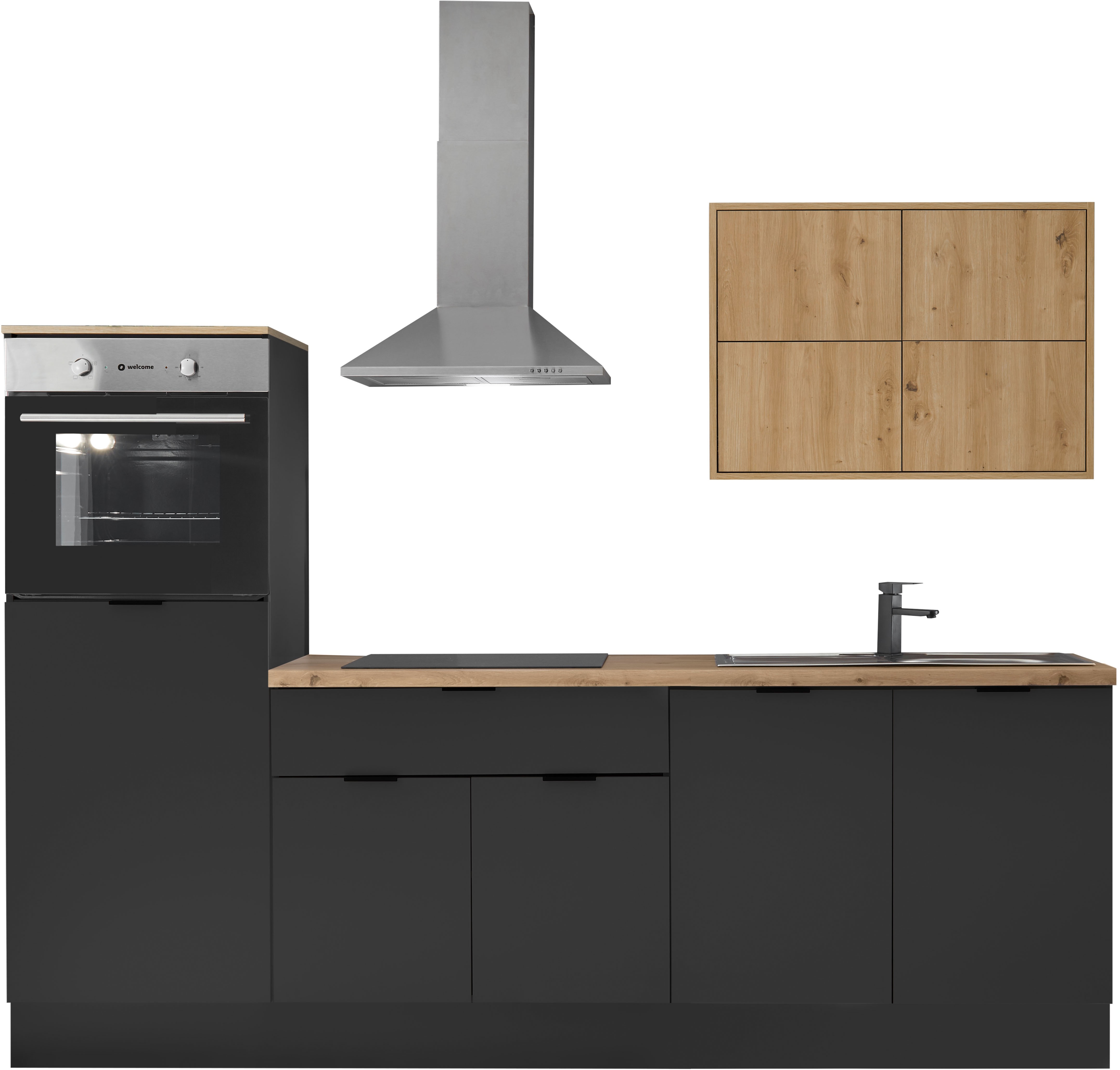 Küchenzeile KOCHSTATION "KS-Georgia, mit 38mm starker Arbeitsplatte", schwarz (küche: schwarz, front: schwarz, artisan, korpus: schwarz, arbeitsplatte: artisan eichefarben), B:250cm H:220cm T:60cm, Komplettküchen-Sets, Breite 250 cm, wahlweise mit... Image