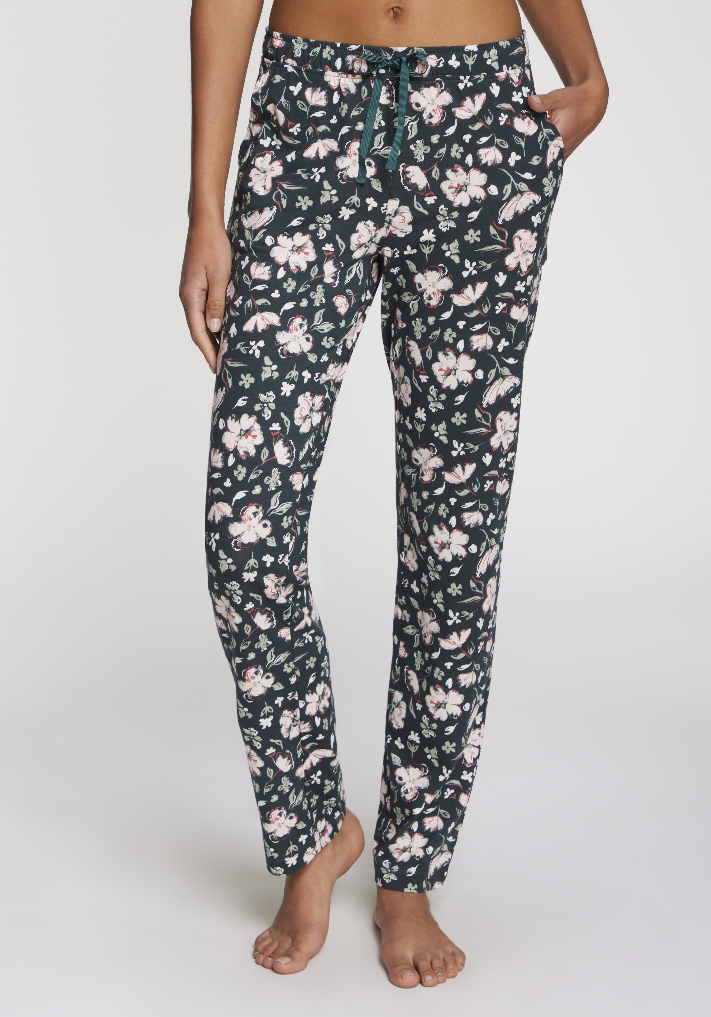 Pyjamahose S.OLIVER, Damen, Gr. 44/46, N-Gr, grün (dunkelgrün, rosa, geblümt), Single Jersey, Obermaterial: 50% Baumwolle, 50% Viskose, geblümt, Modisch, Basic, Hosen, Schönes Allovermuster Image