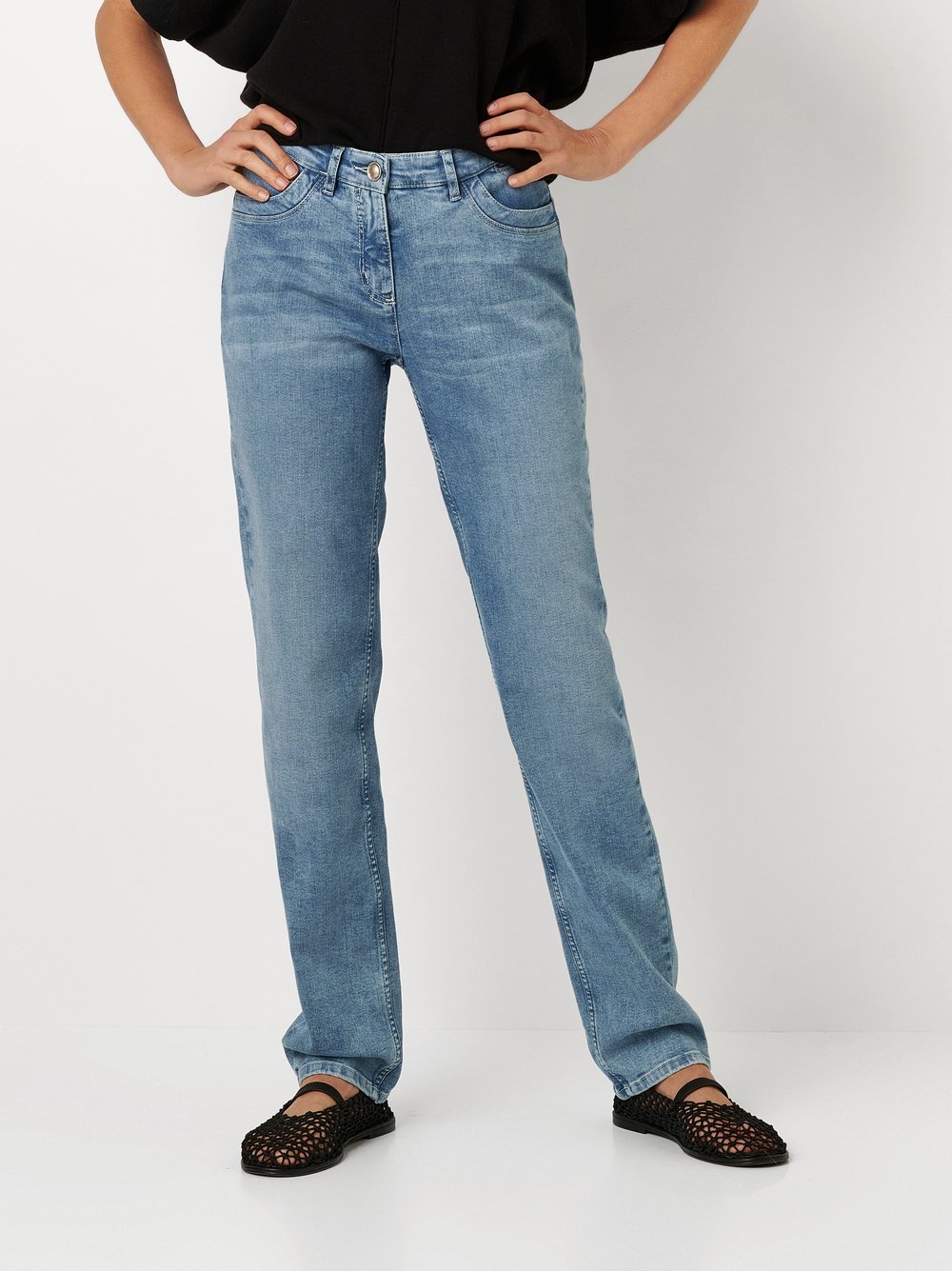 Straight-Jeans TONI "Perfect Shape", Damen, Gr. 46, N-Gr, blau (summer blau bleached), Denim/Jeans, Obermaterial: 93% Baumwolle, 5% Elastomultiester, 2% Elasthan, unifarben, straight fit knöchellang, Jeans Straight-Jeans, mit Taschen