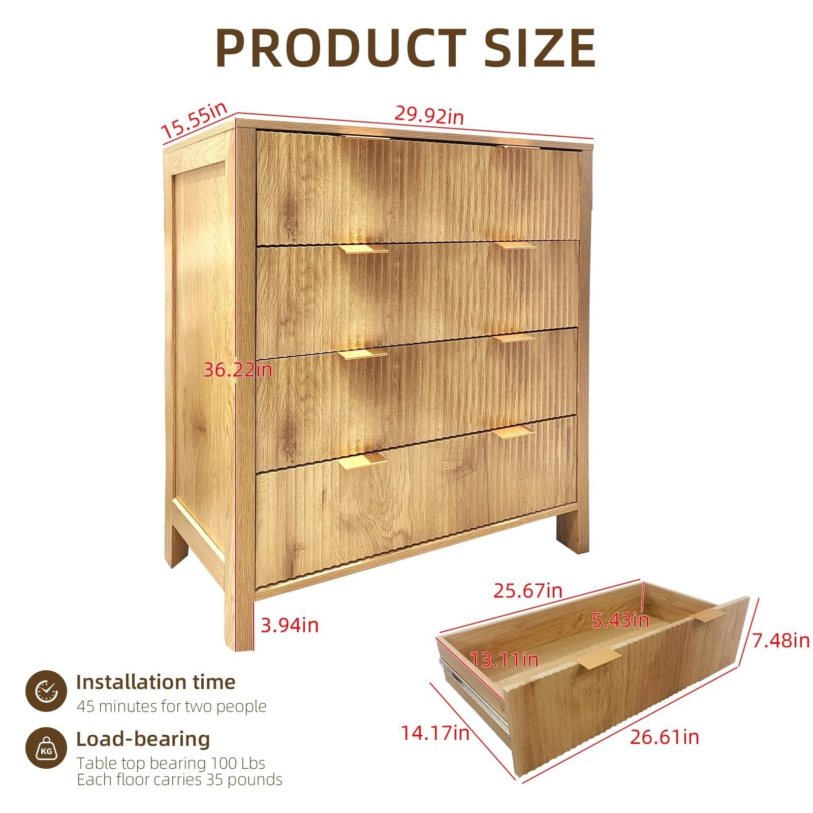 4 Drawer Dressers for Bedroom, Fluted Tall Dresser, Bedroom Chest of Drawers, Mid Century Modern