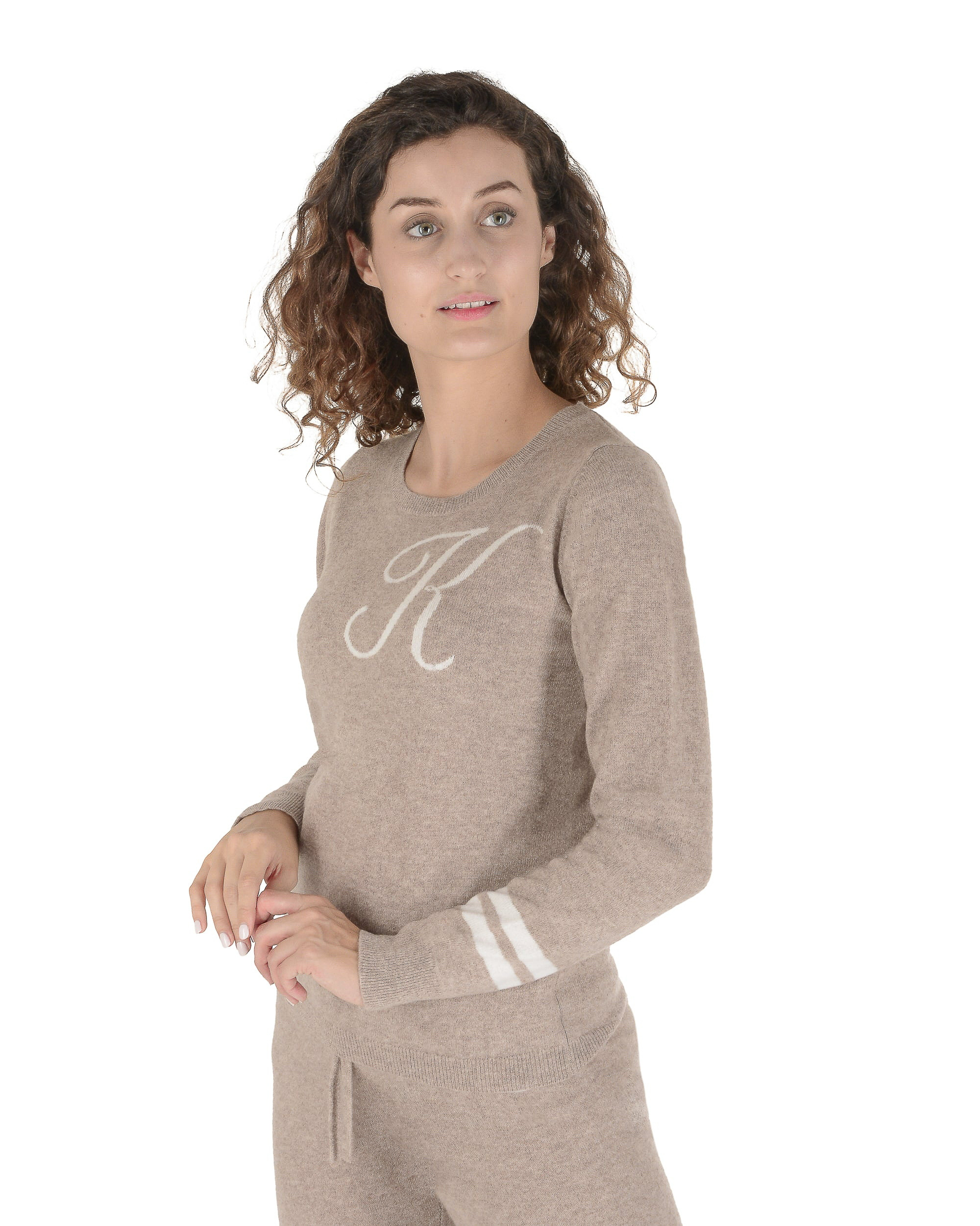 Crown of Edinburgh Kaschmir Damen Beige Kaschmir Pullover mit gesticktem R Image