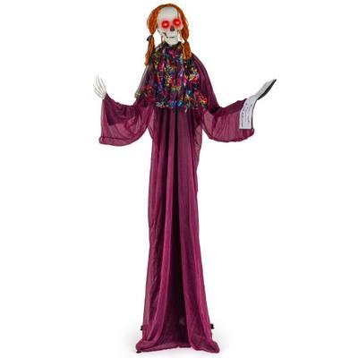 Costway 6 Feet Halloween Animatronic Standing Girl Holding Book with Sound-Activated Light-up Eyes and Moving Arms & Head