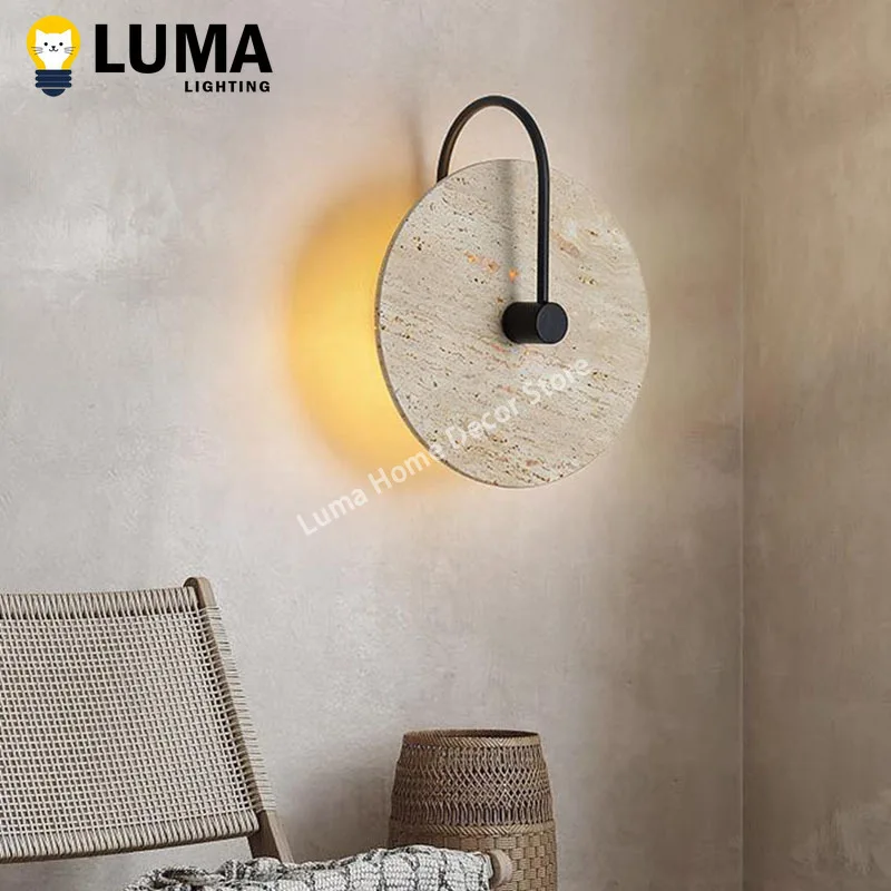 Runde Wandleuchte aus gelbem Travertin im Wabi Sabi-Stil, LED-Vintage-Stein-Wandleuchte für Schlafzimmer, Nachttisch, Wohnzimmer, Treppe Image
