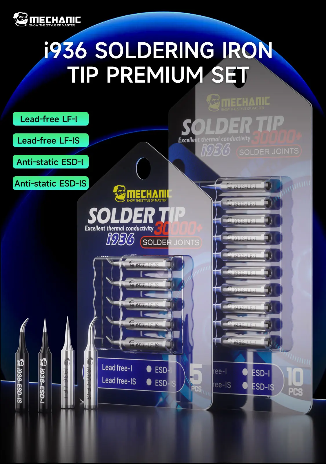 MECHANIC i936 Lötkolben-Spitzen-Sets, ESD-sicher, bleifreie Lötspitzen für die Reparatur von Telefon-Motherboards, Präzisionsschweißwerkzeug Image