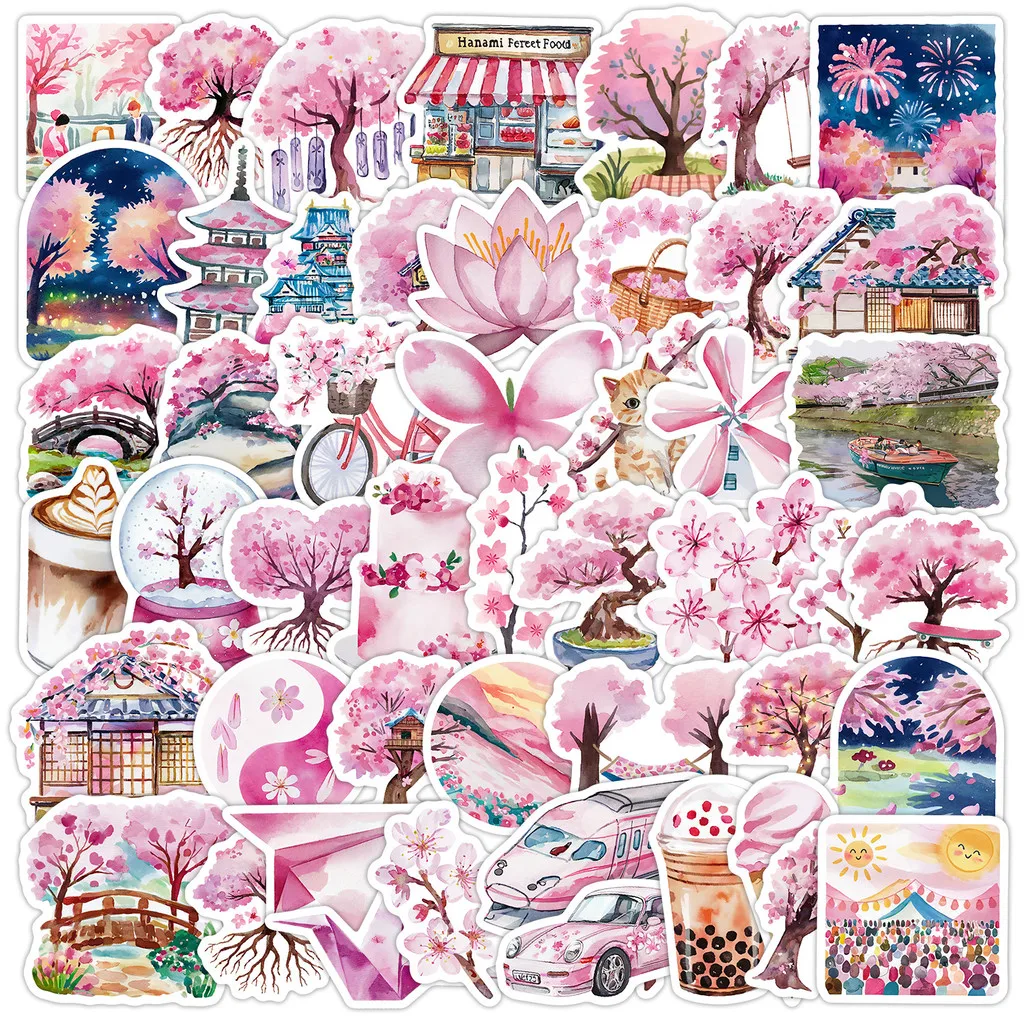 50 Stück rosa Kirschblüten-Serie Graffiti-Aufkleber – süßes Blumendekor, wasserdicht für Wassertasse, Computer, Aufnahme, YourLife Store Image