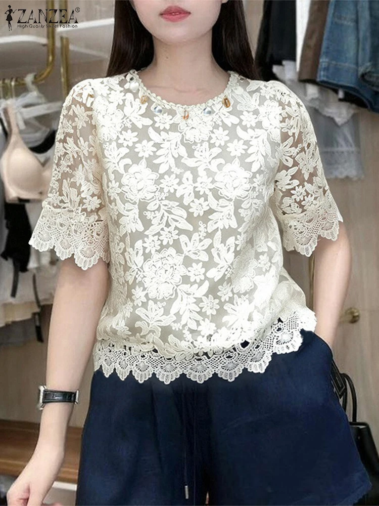 ZANZEA Moda Donna Top OL Camicetta di cotone estiva Pizzo Manica corta Camicie di colore solido 2025 Casual Office Lady Blusas Femininas