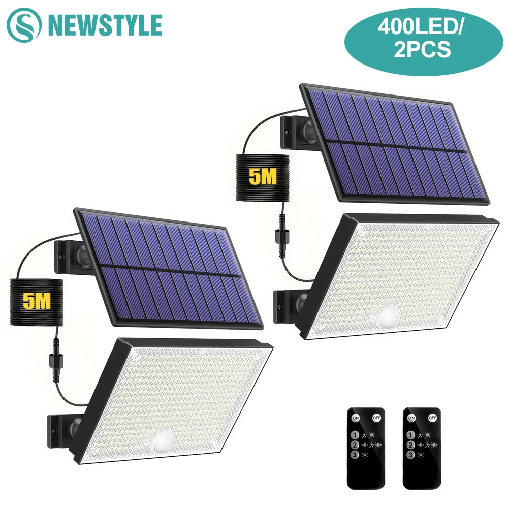 400 LED-Solarleuchten für den Außenbereich, 3 Modi, Bewegungsmelder, LED-Solarstrahler, wasserdichte solarbetriebene Wandleuchte, Garten, Garage, Hof Image
