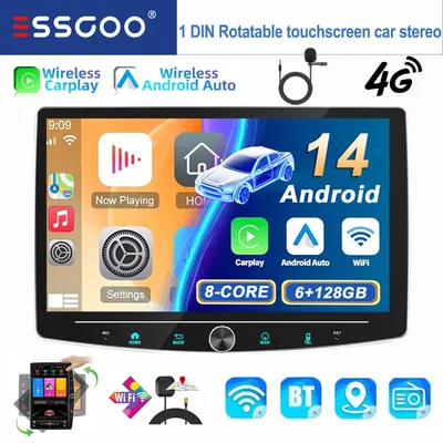 ESSGOO 10.1" Android 14 1 DIN Drehbar HD Touchscreen Autoradio Multimedia Radio GPS Navigation 4G WIFI Bluetooth AM/FM Mikrofon Wireless Carplay Android Auto Mirror Link SWC RDS Split Screen 6+128G
