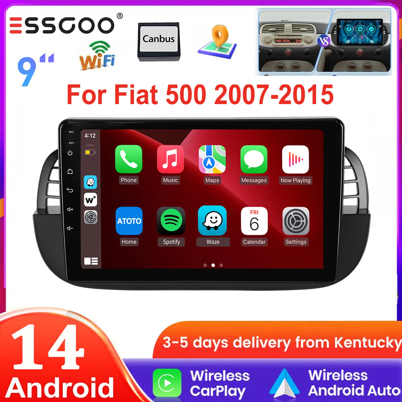 ESSGOO 2 DIN Für Fiat 500 2007-2015 9 Zoll IPS Touchscreen Wireless Carplay Android Auto Autoradio Multimedia Radio Android 14 GPS Navigation WIFI SWC Bluetooth FM RDS USB Mirror Link 64GB Split Image
