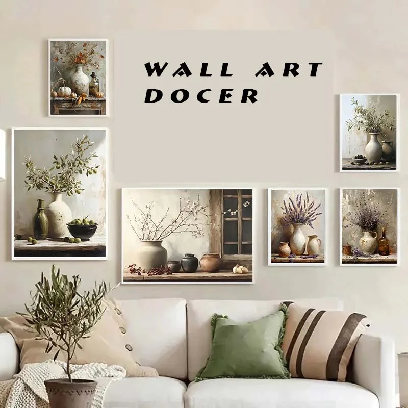 Vintage Stillleben Poster Drucke Zitrone Olivenbaum Pflanzen in Vase Wandkunst Leinwand Malerei Botanische Antike Home Room Decor Image