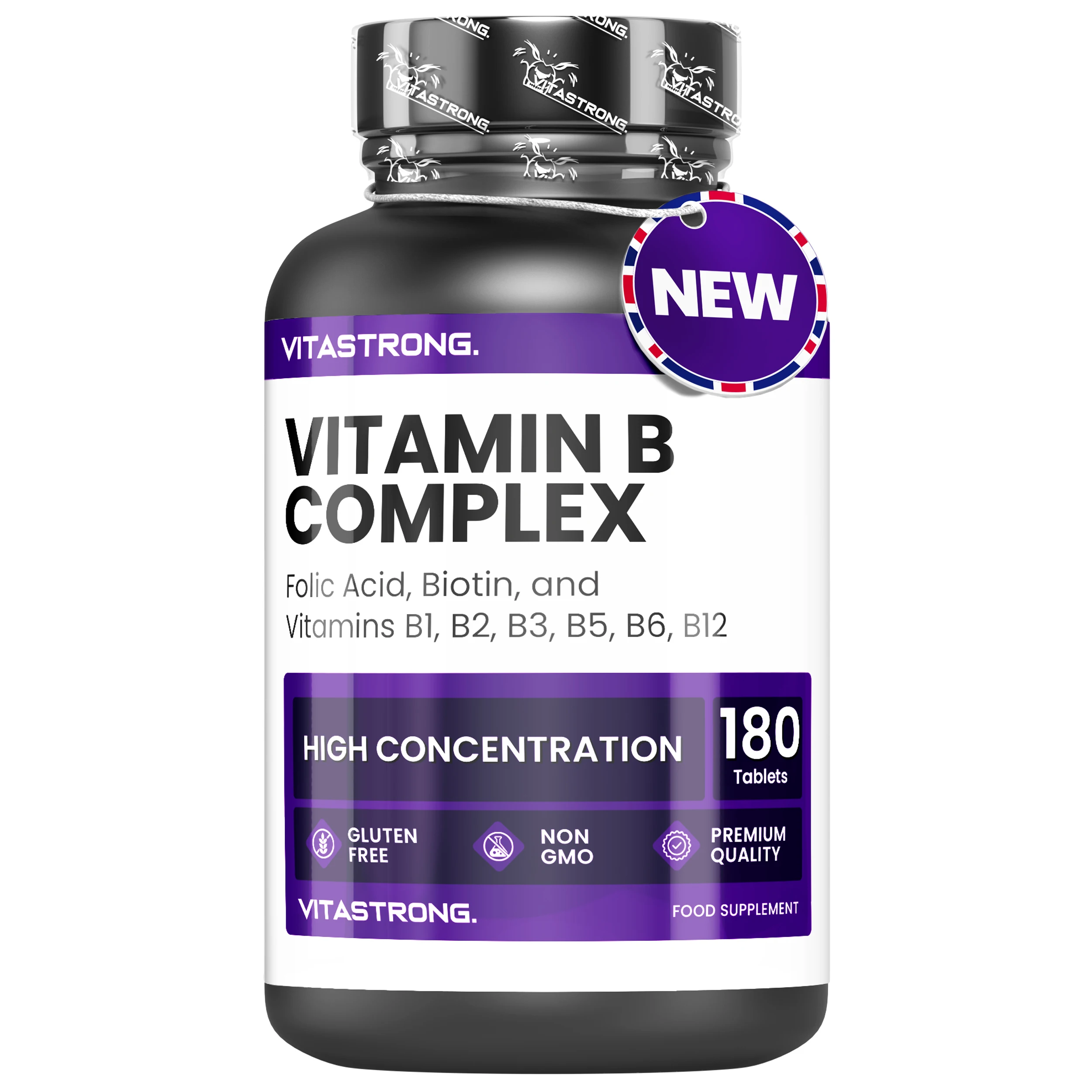 Vitamin-B-Komplex, hohe Dosierung, 180 Tabletten, Vitamine, Gruppe B, Biotin, Thiamin B1, Riboflavin B2, Vitamin B3 Niacin, B5 Pantothenisäure, B6, Vitamin B12 und Folsäure Image