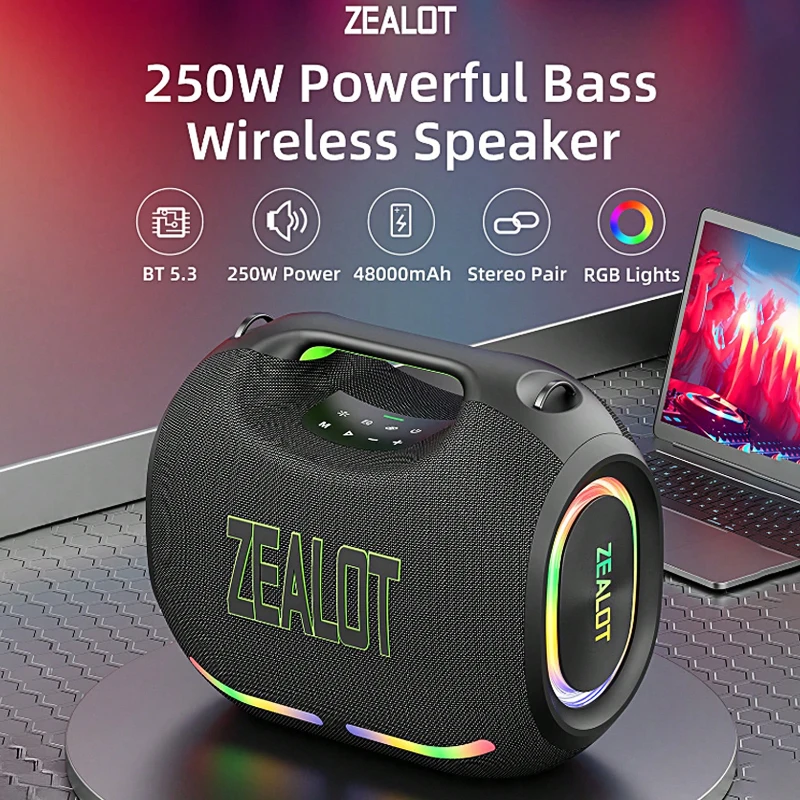 ZEALOT ZE21 250W Wireless Speaker, Outdoor Portable, 48000mAh Long Battery, With RGB Color Lights, Up To 18 Hours Of Play Time.