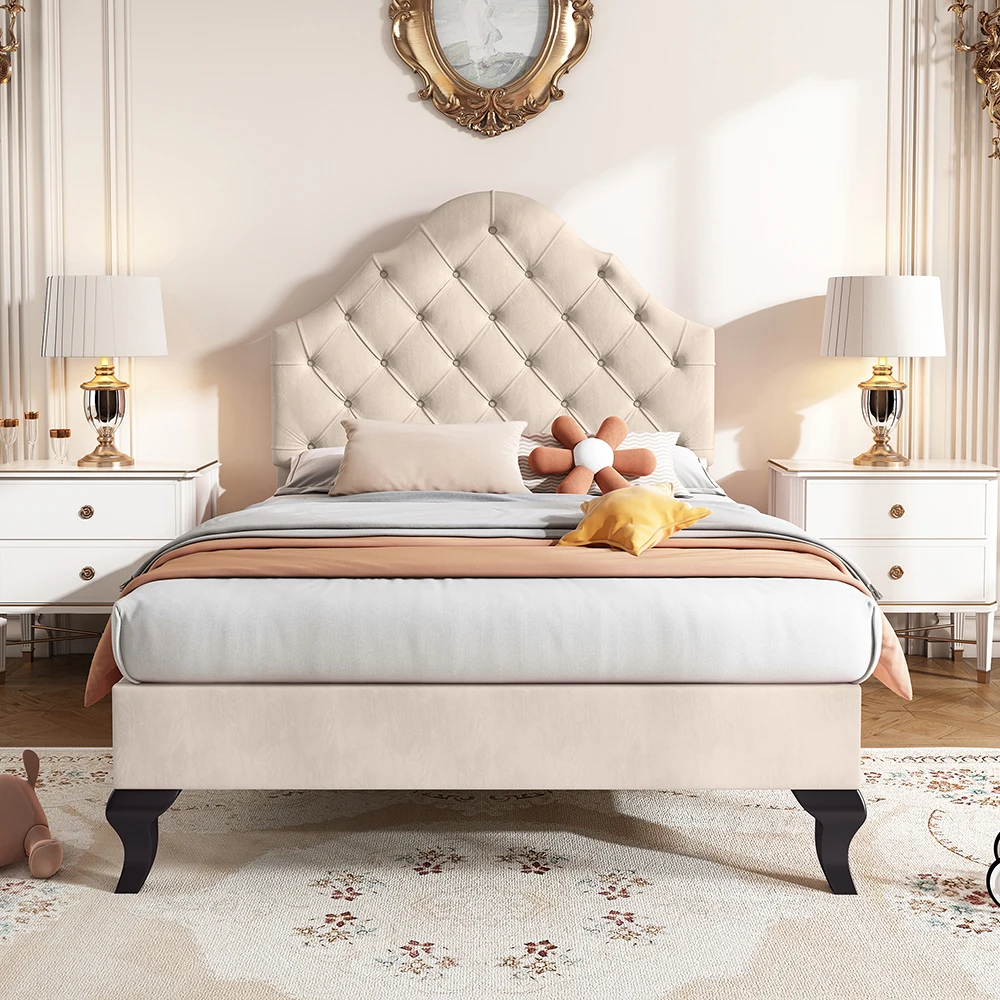 KOMHTOM Polsterbett 90 x 200 cm mit Lattenrost und höhenverstellbarem Kopfteil, Samt, Beige Image