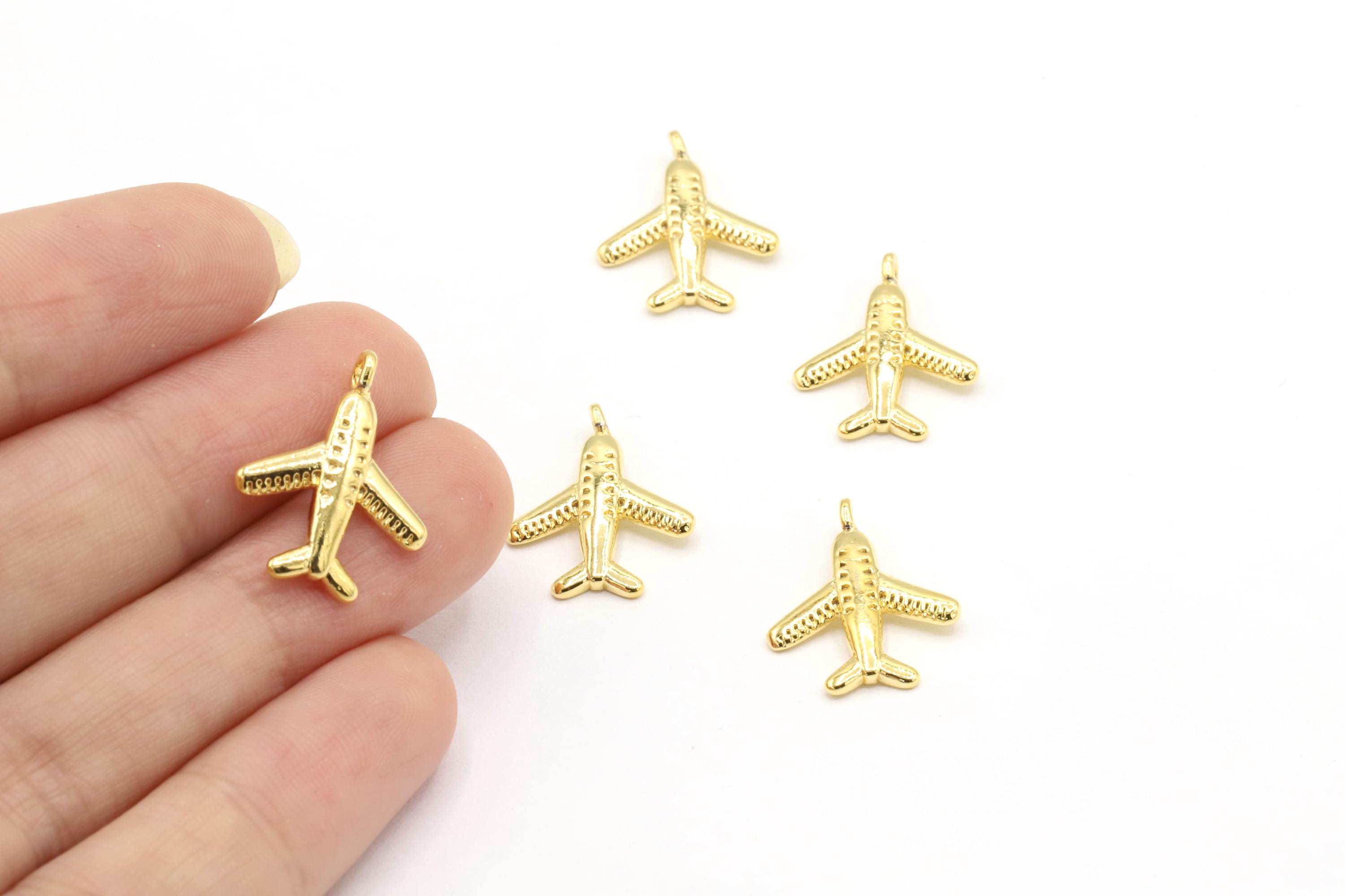 Ciondoli a forma di aereo placcati in oro lucido 24 K da 14 x 17,5 mm, ciondolo a forma di aereo, ciondolo placcato in oro, ciondoli placcati in oro,