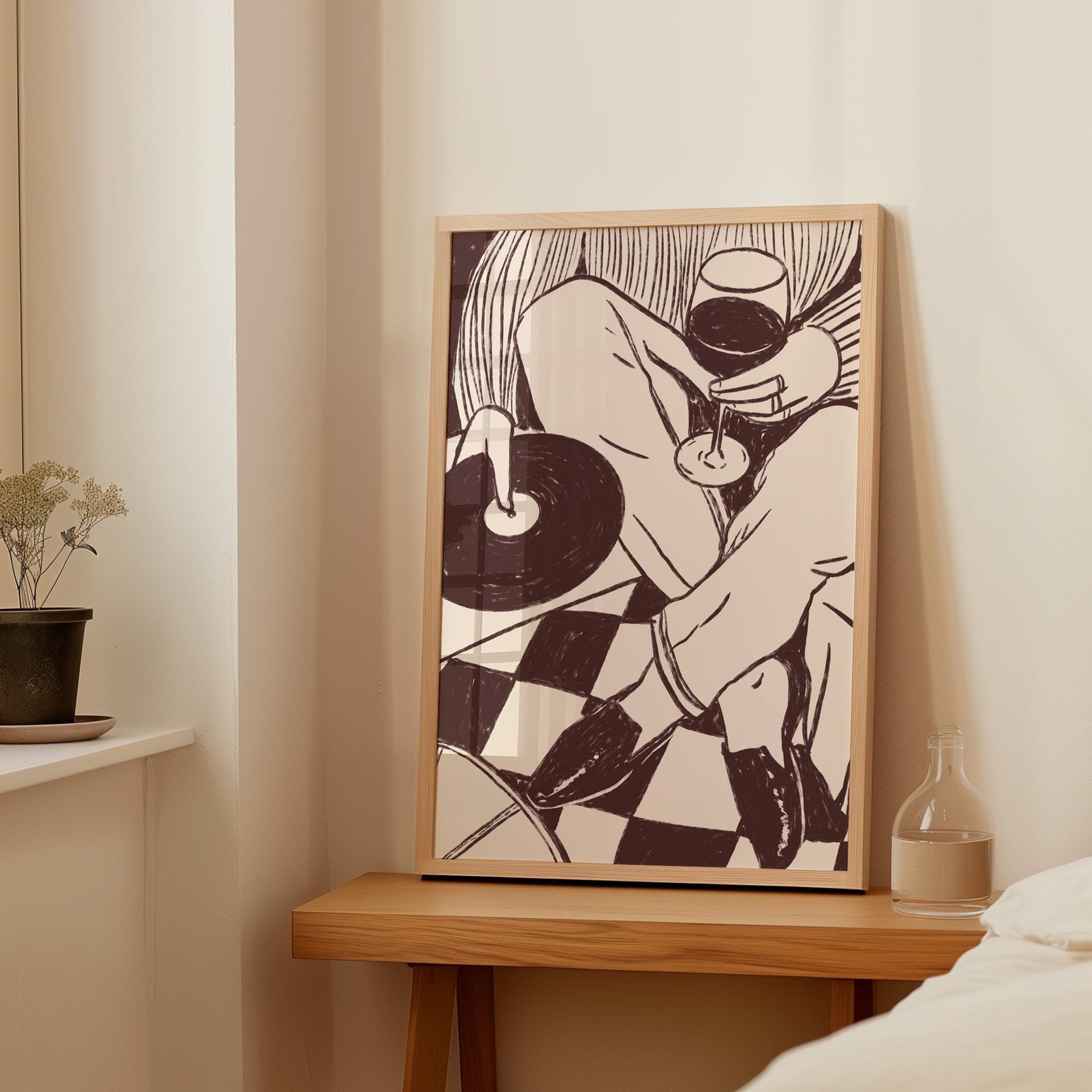 Stampa di dischi in vinile, arte murale retrò con musica e vino, arte con dischi musicali, decorazioni murali per il soggiorno, decorazioni per carrel