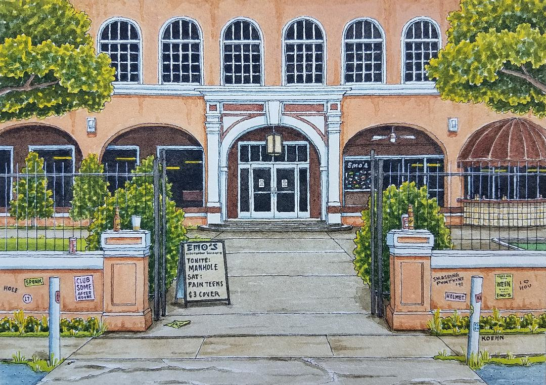 "Emo.S. 5\" x 7\". Houston Texas. Pittura ad acquerello. Stampa d'arte. Locale di musica dal vivo. Montrose Houston. Jim Koehn Arte. Arte di Houston."