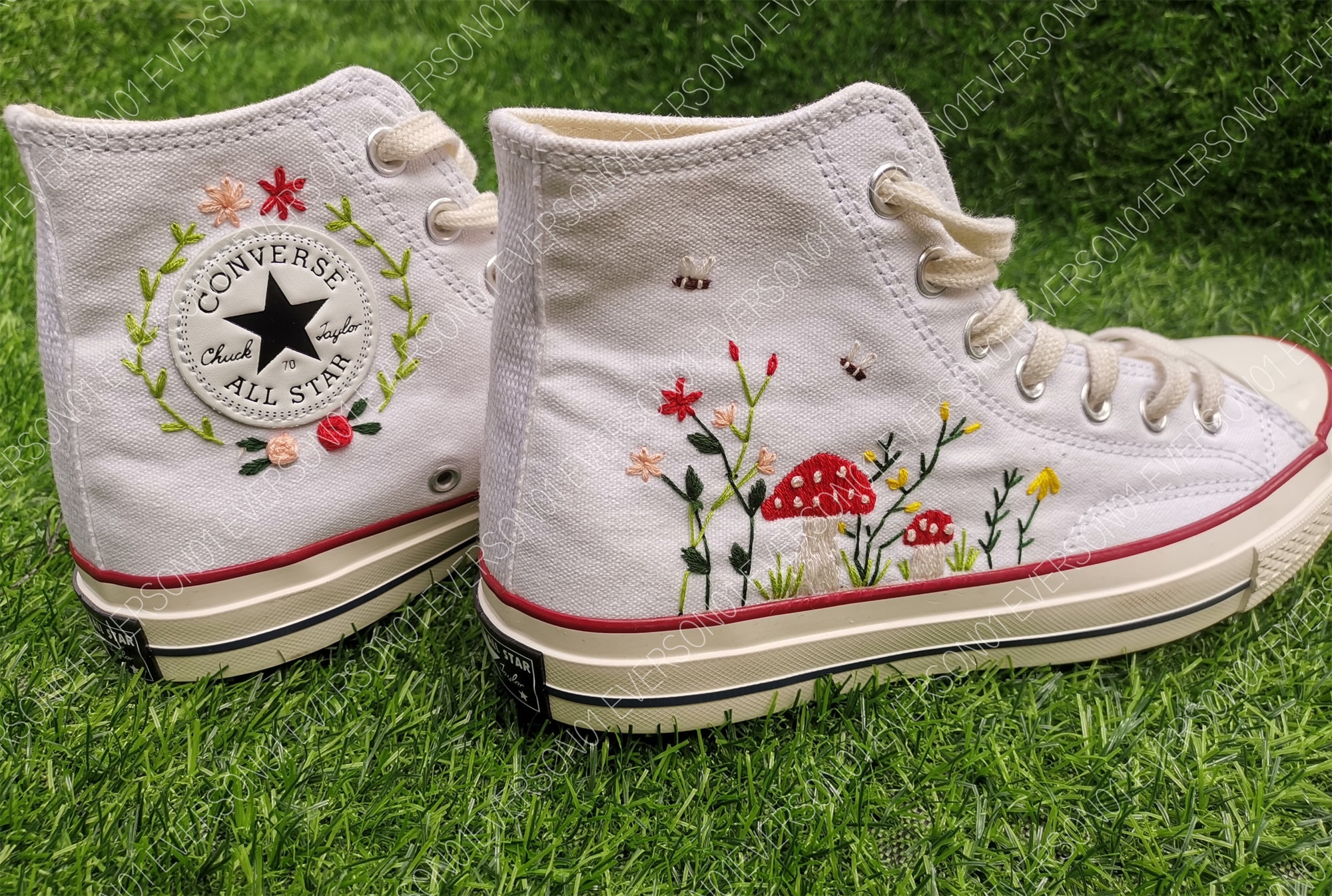 Scarpe Converse personalizzate con ricamo Converse Chuck Taylor anni '70, scarpe Converse personalizzate con ricamo floreale a forma di fungo, regalo
