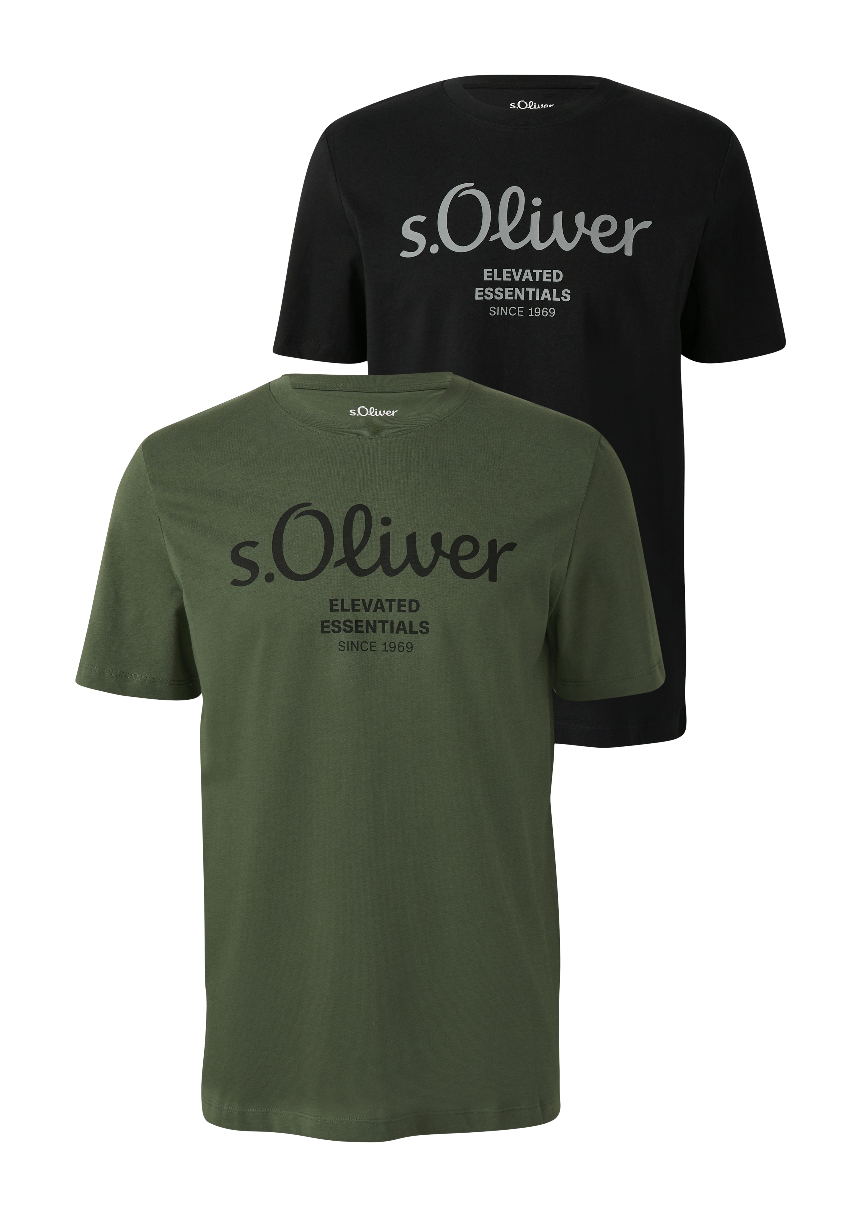T-Shirt S.OLIVER, Herren, Gr. M, grün (khaki, schwarz), Jersey, Obermaterial: 100% Baumwolle, bedruckt, normal hüftbedeckend, Rundhals, Shirts T-Shirt, mit großen Logo-Print, im 2er Pack