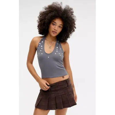 Silence + Noise Shiny Button Halter Top - Grey M at Urban Outfitters