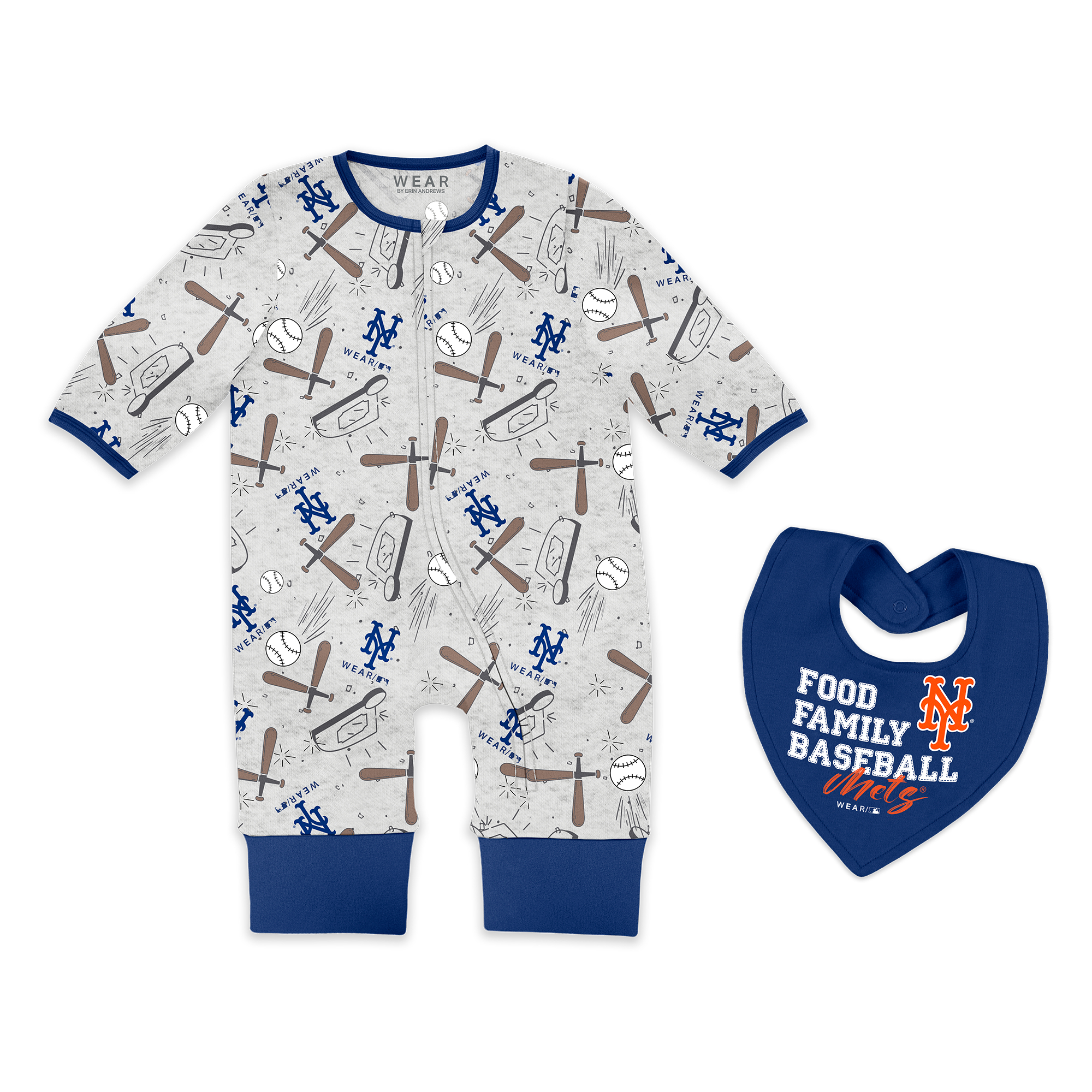 Newborn & Infant WEAR by Erin Andrews Heather Gray New York Mets Sleep and Play Full-Zip Sleeper Bib Set