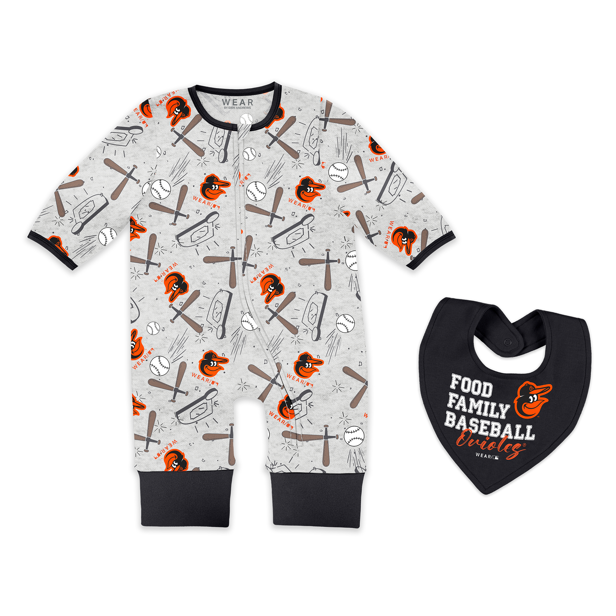 Newborn & Infant WEAR by Erin Andrews Heather Gray Baltimore Orioles Sleep and Play Full-Zip Sleeper Bib Set