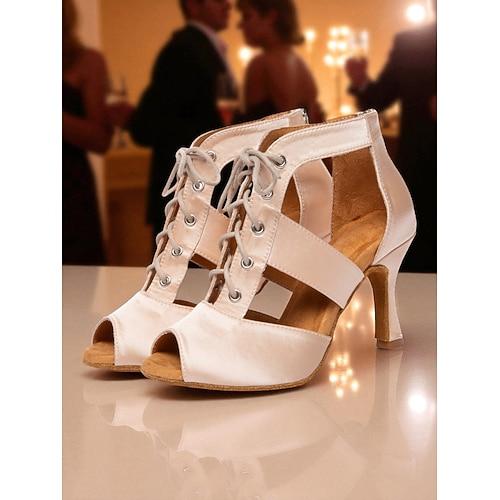 Chaussures de danse Gatsby à lacets en satin pour femmes avec design découpé, talons de salle de bal latins élégants pour les performances et les fêtes