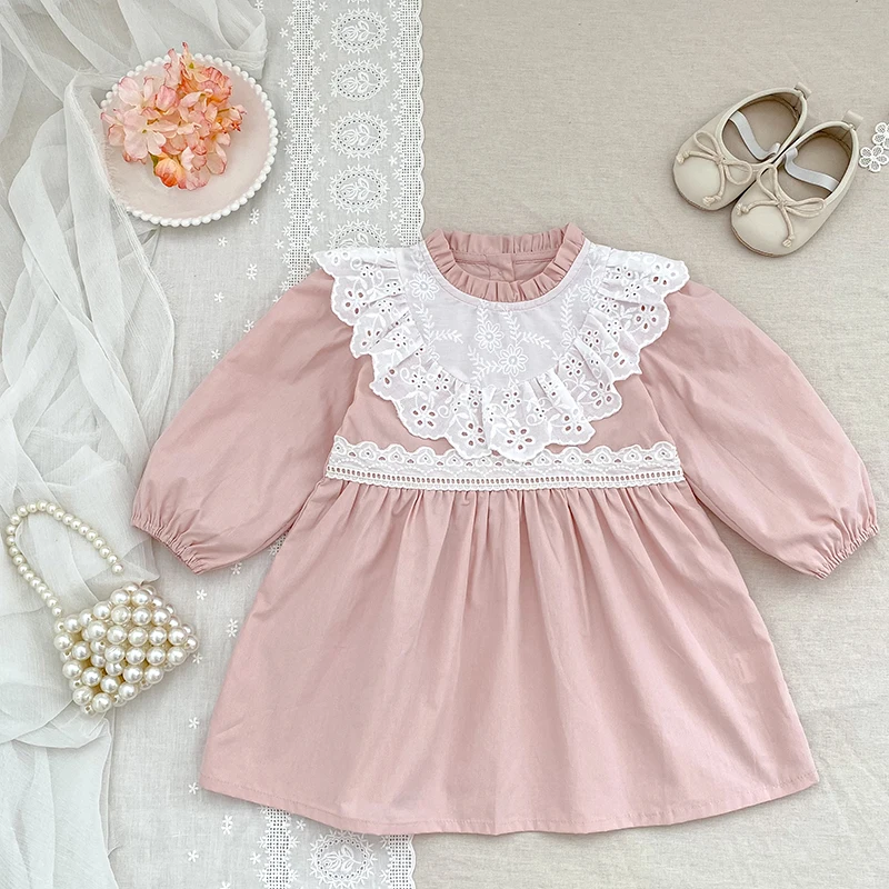 Kinder Kleid Herbst Neue Mädchen Floral Spitze Kragen Rosa Prinzessin Kleid Baumwolle Casual Mädchen Kleid Kleinkinder Kinder Prinzessin Kleider Image