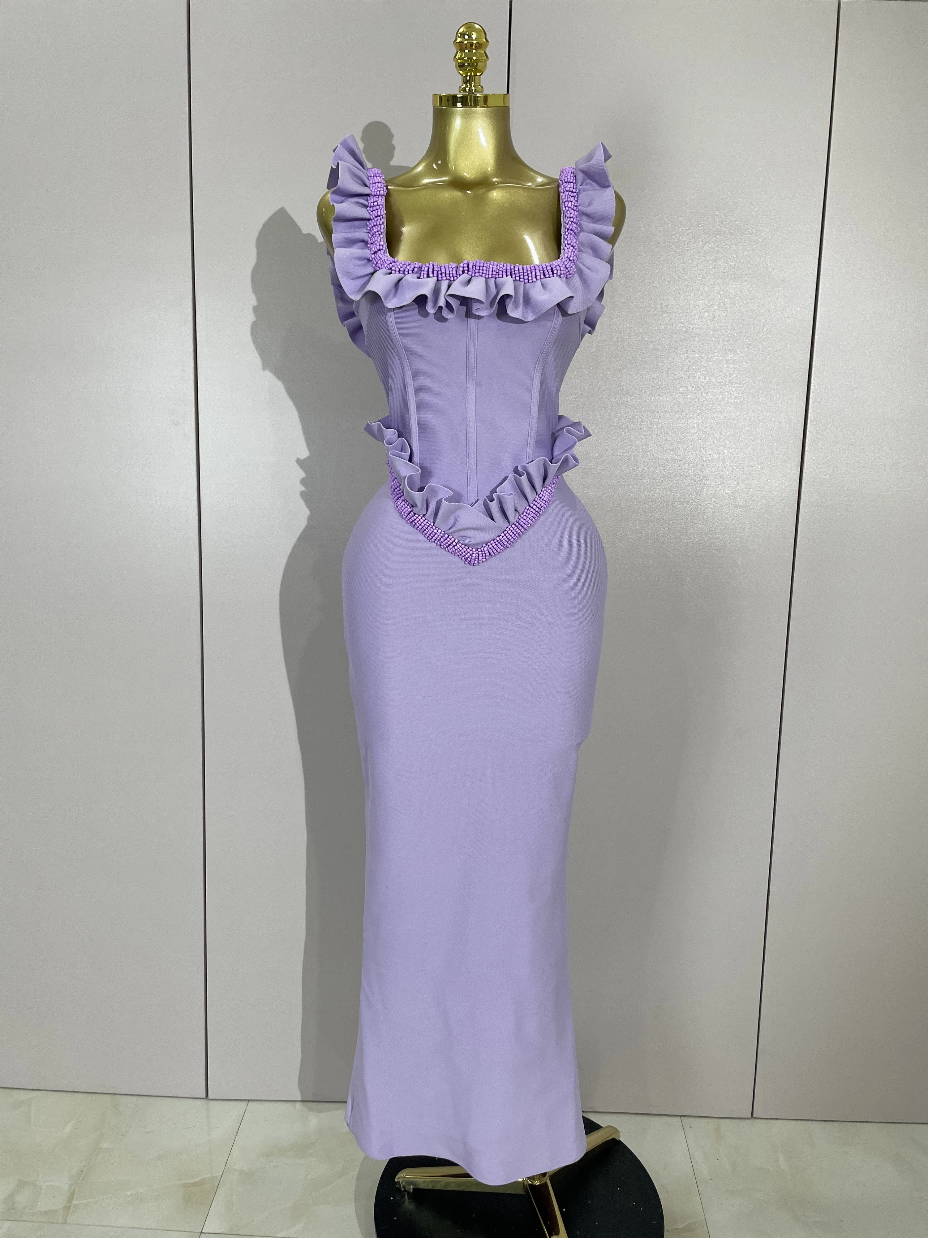 Elegante Lila Quadrat Kragen Rüschen Perlen Lange Bodycon Verband Kleid Frauen Berühmtheit Abend Sexy Club Party Geburtstag Kleid