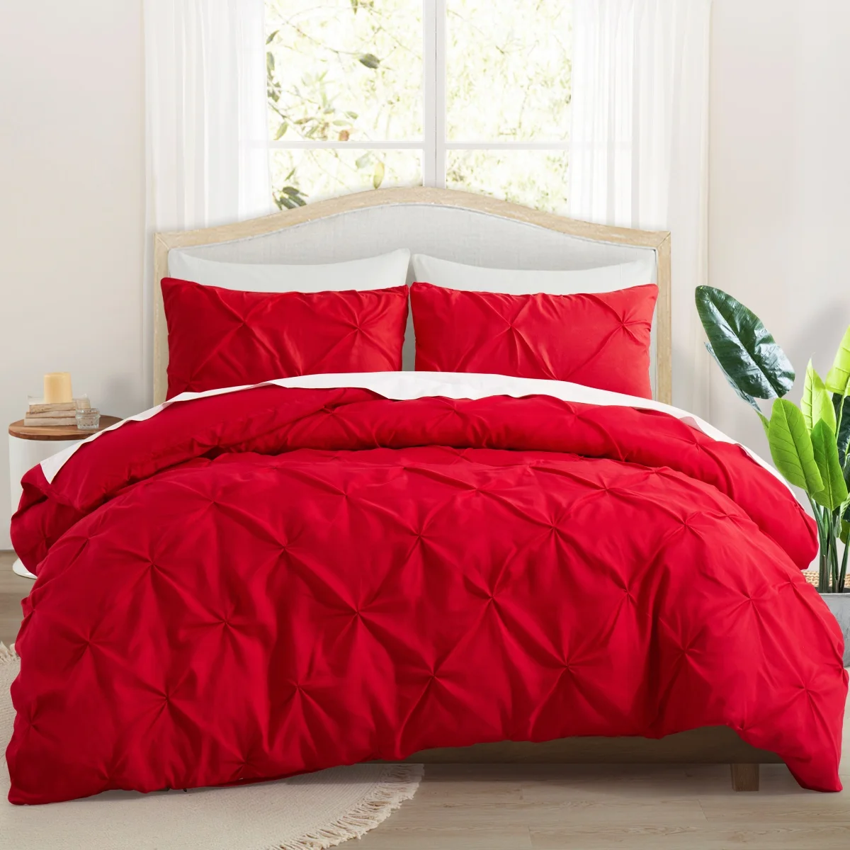 Pinch Plissee Bettbezug Full/Queen Red Trösterbezug mit Reißverschluss und Krawatten, Shabby Chic Mikrofaser-Bettwäsche-Set für Mädchen und Frauen Image