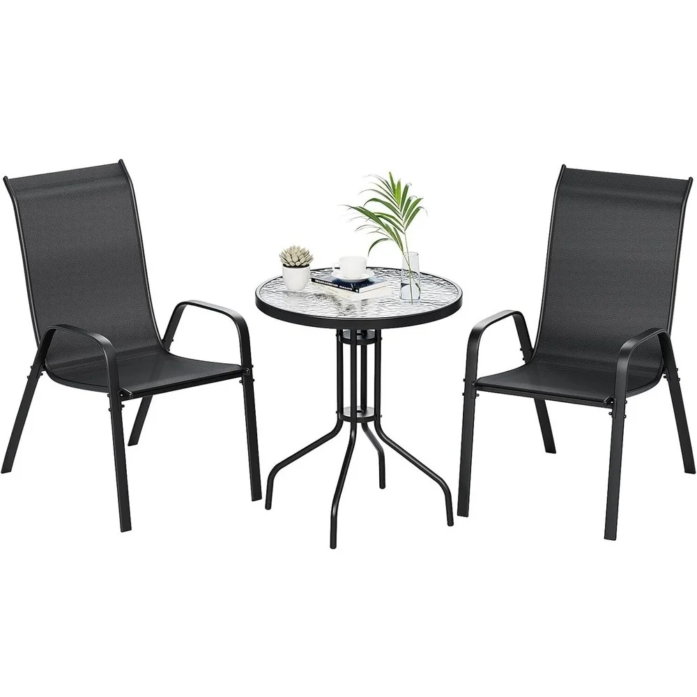3-teiliges Terrassenmöbel-Set für den Außenbereich, stapelbare Stühle mit hoher Rückenlehne und Couchtisch aus Glas für Rasen, Garten, Balkon, Pool Image
