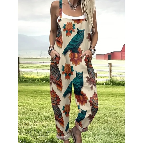 Frauen 100% Baumwolle Latzhosen Aktive Blumendruck Ärmelos Ärmellos Gerader Quadrat-Ausschnitt mit Tasche Urlaub Täglicher Lockerer Schnitt Weiß Pink Grün Sommer Image