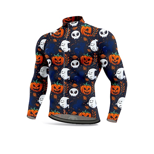 Herren Oberteile Radtrikot Grafik Geometrisch Halloween Langarm Fahhrad Trikot Oberteil mit 3 Gesäßtaschen Sonne Sonnenschutz Schnelltrocknend Reflektierende Streifen Sport Orange Bekleidung