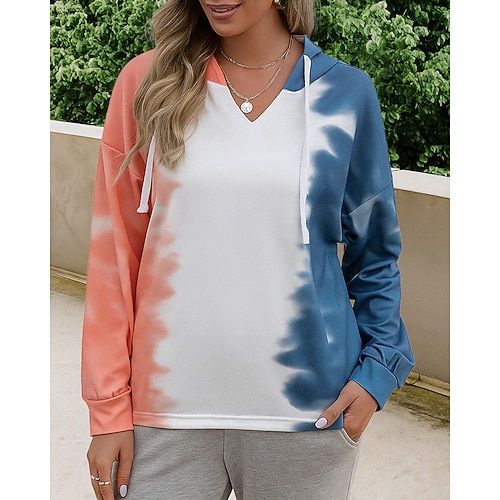 Damen Lässiges Sweatshirt Hoodie Kordelzug Langarm Oberteil Athleisure Herbst V Ausschnitt Batik Mode Outdoor Reise Sport Sportbekleidung Sportkleidung Blau Rosa Orange Image