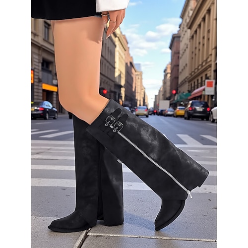 Damen-Cowboystiefel mit umklappbarem Schaft, seitlichem Reißverschluss und Schnallenriemen, Schuhe im Bohemian-Western-Stil Image