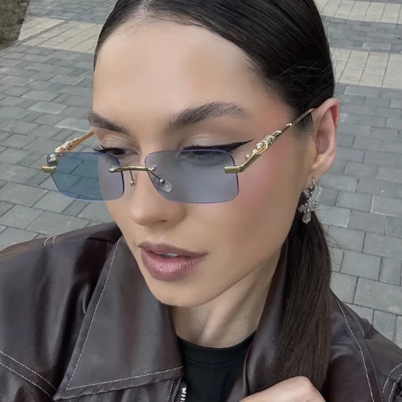 Schutzbrille 2 Stück randlose Leoparden-Metall-Quadrat-Sonnenbrille Damenmode Bunte Linse Design Sonnenbrille Outdoor-Sonnenbrille Image