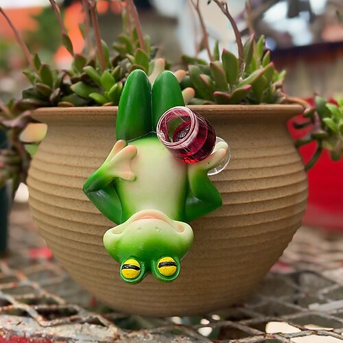 Froschfigur aus Kunstharz zum Aufhängen, lustiger trinkender Frosch, der Bierflaschen trinkt, Statue, Blumentopf-Hugger-Dekoration für Haus, Garten, Zaun, Terrasse, Hofdekor Image