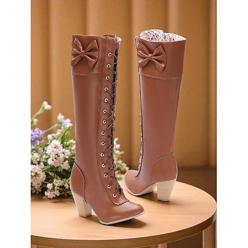 Braune Damen-Kniestiefel mit Schnürung, Schleife und Blockabsatz – viktorianische und edwardianische Vintage-Lolita-Cosplay-, Retro-Mode- und Partyschuhe Image