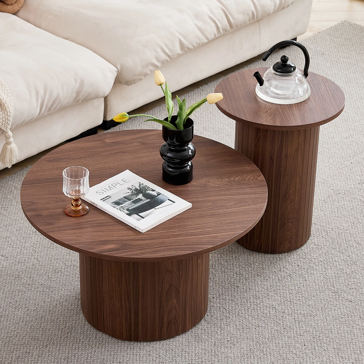 2er-Set runder Couchtisch aus Holz im nordischen Stil, 2-in-1-Couchtisch, Heim-Sofatisch, luxuriöser Beistelltisch für das Wohnzimmer, 70 cm