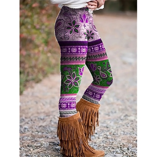 Damen Leggings Urlaub Vintage Mode Volle Länge Hohe Taille Blumen Grafik Drucken Thermowarm Weich Atmungsaktiv Dehnbar Täglich Outdoor Urlaub Blau Beige Violett Grün Frühling Herbst Schmale Passform Image