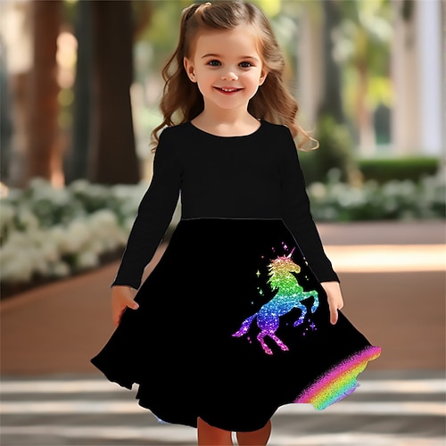 Mädchen' 3D Regenbogen Einhorn Kleid Langarm Sommer Frühling Urlaub Täglich Ferien Prinzessin Schön Süß Kinder 4-12 Jahre Freizeitkleid A Linie Kleid Knielang Normale Passform Image