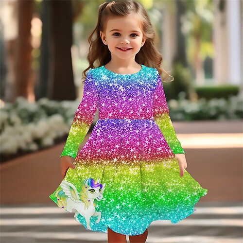 Mädchen' 3D Regenbogen Einhorn Kleid Langarm Sommer Frühling Urlaub Täglich Ferien Prinzessin Schön Süß Kinder 4-12 Jahre Freizeitkleid A Linie Kleid Knielang Normale Passform Image