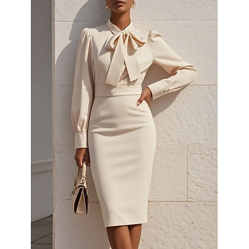 Damen Rosa Blau Aprikose Frühling Herbst Midikleid Etui-Kleid Geburtstag Formell Cocktail Puffärmel / Ballon Formell Party Geschäft Normale Passform Einfach Stehkragen Image