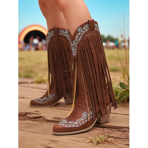 Damen-Western-Cowboystiefel mit roten Fransen und gestickten Details – kniehohe Retro-Festival-Reitstiefel für Rodeo, Musikfestivals und Outfits im Country-Stil Image