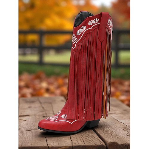Damen Western-Cowboystiefel mit Fransen – kniehohe Stiefel aus braunem Kunstleder mit gestickten Details, Retro-Country-Stil für Rodeo, Herbstfeste und Farmmode Image