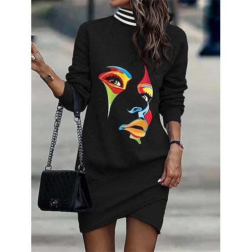 Damen Sweatshirtkleid Mini Kleid Wickelkleid Party Lässig Halbformal Formal Outdoor Zuhause Reguläre Passform Grafik Geometrisch Langarm Rollkragen Schwarz Khaki Aprikose Frühling Herbst Winter Image